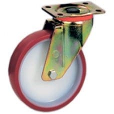 Wheel description Thermoplastic polyurethane tread; hardness 55 Shore D. Polyammide 6 centre. Plain bearing bore or roller bearing bore The plain bearing bore results from a hole in the material forming the centre of the wheel and contains the axle. In the roller bearing bore, the bearing housing is obtained by moulding and contains cylindrical roller bearings with polyamide 6 cage. Axle Axle composed of ground steel bush with bolt according to UNI EN 24017 and nut according to UNI EN 24032. Swivel top plate bracket type NL Swivel top plate bracket type NL. The plate, the ball race ring and the fork are made of pressed steel zinc plated finish; swivel actions: double ball greased race with dust protection seal made of polyethilene. The king pin is integral with top plate and duly rivetted.